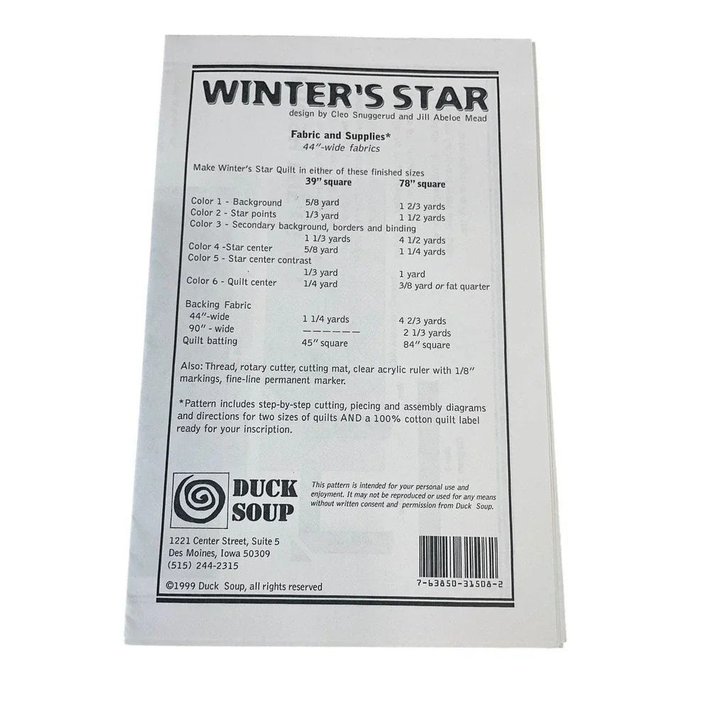 Duck Soup Winter's Star Quilt Pattern 39